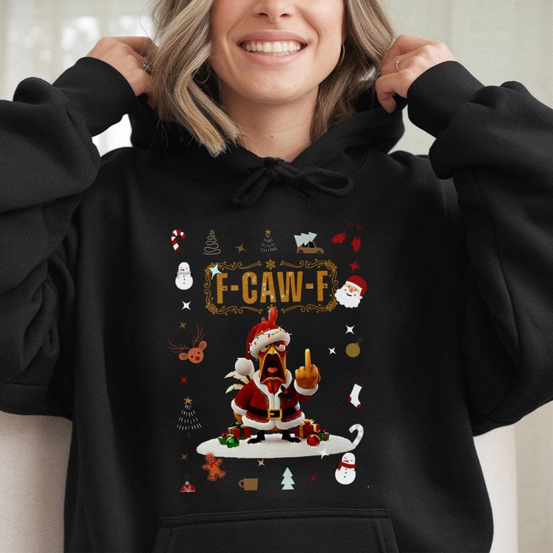 Humorous Santa Chicken Hoodie, F-Caw-F Christmas Hoodie, Rude Holiday Middle Finger Hooded Sweatshirt, Humorous Xmas Farm Animal Present Hoodie