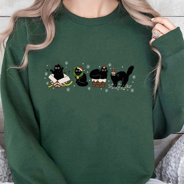Adorable Holiday Kitties Sweater, Christmas Black Cat Sweatshirt, Cat Mom Christmas Crewneck, Humorous Animal Lover Xmas Pull