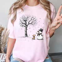 Adorable Winter Dog Graphic Tee, Snowman and Puppy T-Shirt, Festive Holiday Season Shirt, Vintage Christmas Puppy Lover Present for Women
