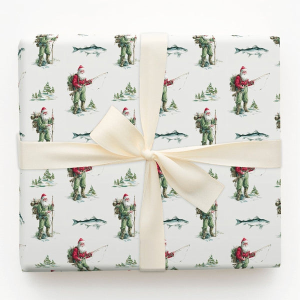 Rustic Outdoorsman Holiday Gift Wrap, Fishing Santa Wrapping Paper, Fisherman Christmas Wrapping Paper, Angler Winter Present