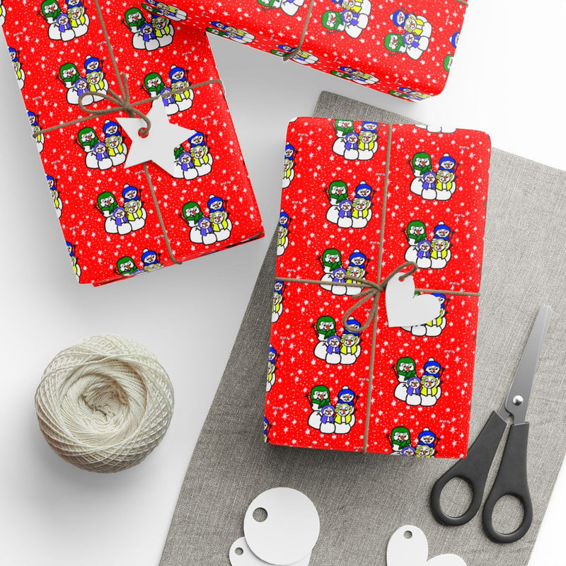 Red Holiday Gift Wrap, Snowman Family Christmas Wrapping Paper, Adorable Winter Snowmen Wrapping Paper, Festive Xmas Holiday Wrapping Paper