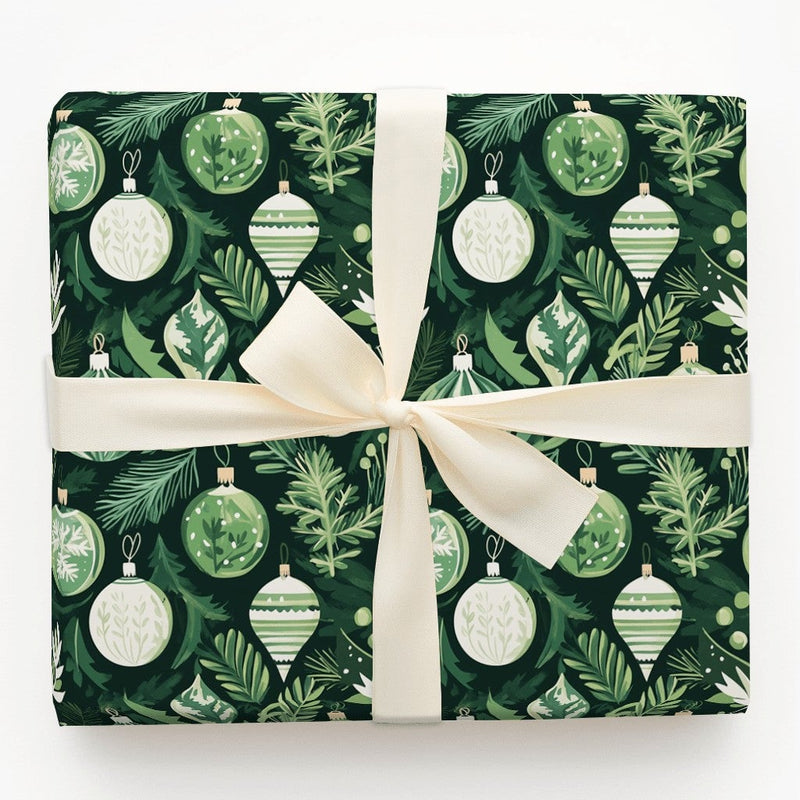 Green White Christmas Gift Wrap, Botanical Ornament Wrapping Paper, Winter Foliage Wrapping Paper, Xmas Pine Paper, Festive Gift Wrap