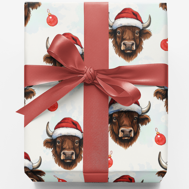 Santa Hat Holiday Gift Wrap, Highland Cow Christmas Wrapping Paper, Rustic Winter Farm Animal Wrapping Paper, Country Xmas Gift Wrap Roll