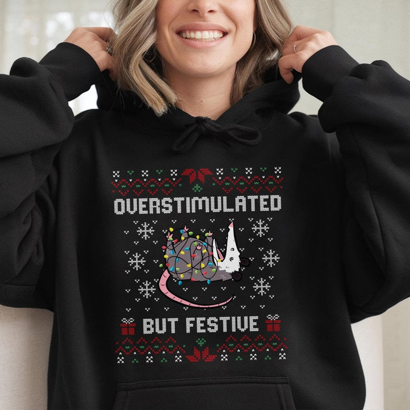 Humorous Possum Christmas Hoodie, Overstimulated but Festive Opossum Hoodie, Ugly Sweater Style Opossum Hoodie, Adorable Animal Lover Present