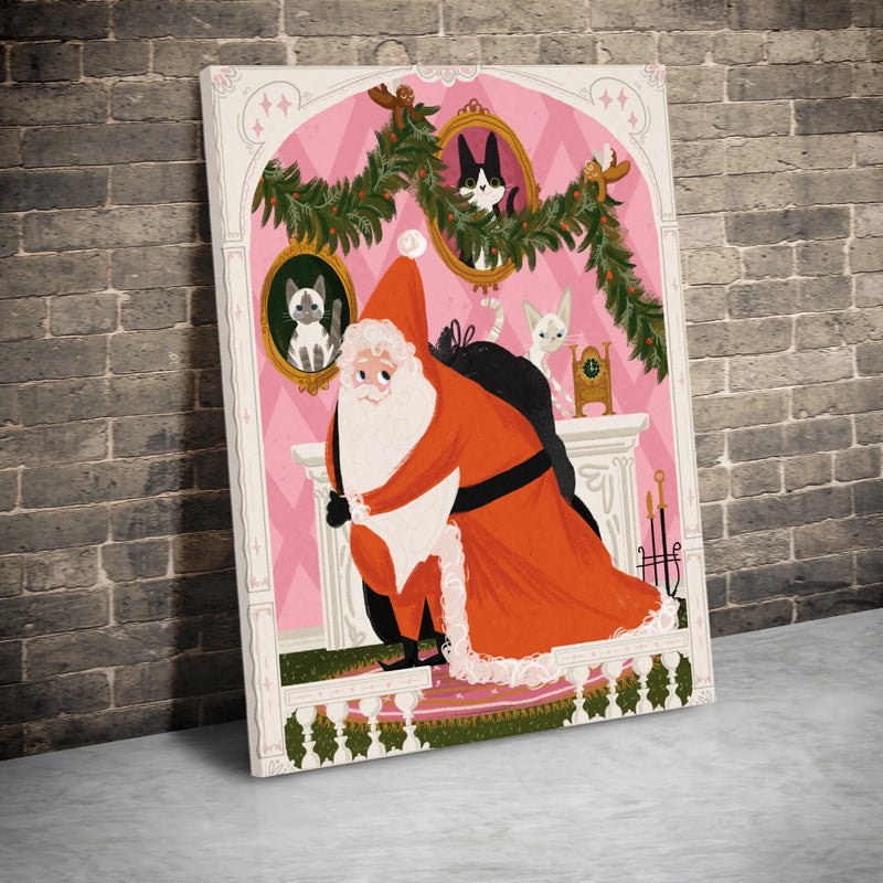 Christmas Fireplace Cat Canvas, Santa and Cats Canvas Wall Art, Whimsical Holiday Cat Print, Festive Winter Canvas Decor, Cat Lover Present