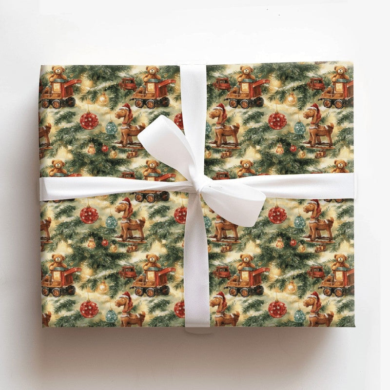 Teddy Bear Rocking Horse Gift Wrap, Vintage Toy Christmas Wrapping Paper, Nostalgic Xmas Wrapping Paper Roll, Retro Holiday Gift Wrap