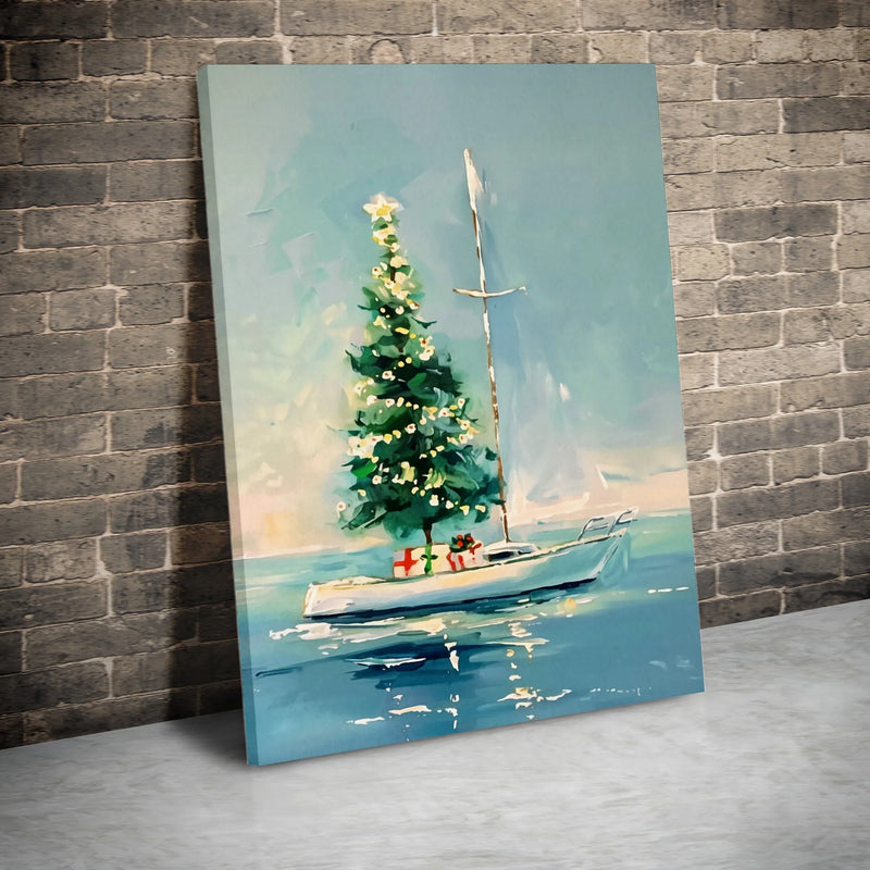 Holiday Tree Coastal Canvas Print, Nautical Christmas Sailboat Canvas Wall Art, Sailing Xmas Poster, Beach Holiday Decor, Digital Download