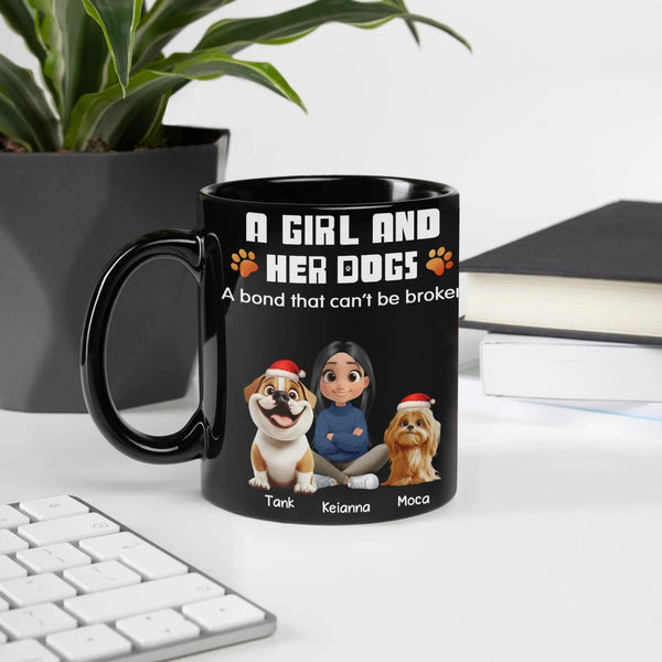 Cartoon Girl and Dogs Ceramic Coffee Mug, Personalized Dog Mom Christmas Mug, Holiday Pet Lover Tea Cup, Adorable Custom Dog 