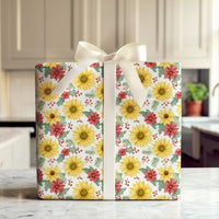 Floral Christmas Gift Wrap, Sunflower Poinsettia Wrapping Paper, Watercolor Botanical Wrapping Paper, Winter Floral Holiday Wrapping Paper