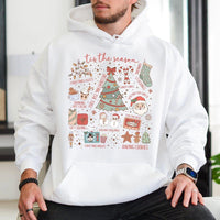 Festive Holiday Icons Hooded Sweatshirt, Tis the Season Christmas Hoodie, Retro Xmas Graphic Hoodie, Adorable Winter Pullover, Holiday Fan Present