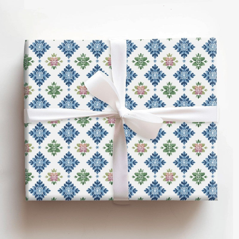 Nordic Folk Art Gift Wrap, Scandinavian Snowflake Wrapping Paper, Winter Holiday Wrapping Paper, Blue Christmas Gift Wrap Paper Roll