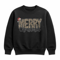 Santa Hat Holiday Sweater, Merry Christmas Leopard Print Sweatshirt, Adorable Winter Xmas Crewneck, Leopard Plaid Christmas Pullover for Her