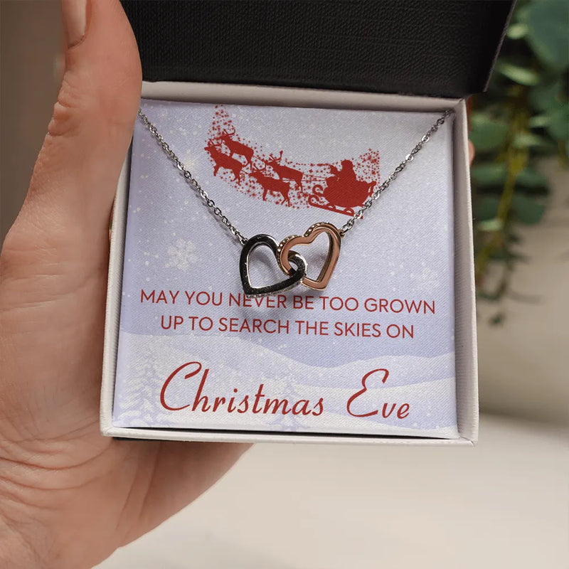 Holiday Sentiment Heart Jewelry, Christmas Eve Interlocking Hearts Necklace, Surgical Steel Pendant, Romantic Christmas Present for Her