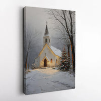 Winter Christmas Landscape Wall Art, Snowy Country Church Digital Download, Church Printable Poster, Holiday Nature Art Print Decor