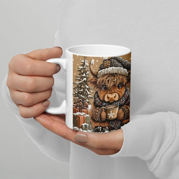 Festive Winter Coffee Mug, Highland Cow Christmas Mug, Highland Cow Holiday Ceramic Mug, Adorable Cow Xmas Coffee Cup, Animal