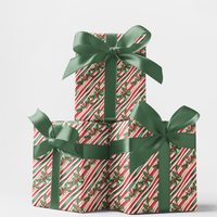 Holly Berry Christmas Gift Wrap Roll, Candy Cane Stripe Wrapping Paper, Retro Peppermint Holiday Wrapping Paper, Traditional Present Wrap