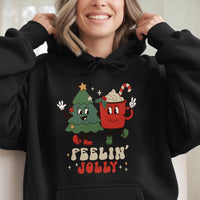 Feelin' Jolly Tree Cocoa Pullover, Retro Christmas Hoodie, Adorable Vintage Holiday Graphic Hooded Sweatshirt, Comfy Winter Season Apparel