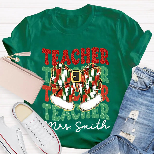 Custom Name Holiday Educator Graphic Tee, Personalized Teacher Christmas Bow Shirt, Adorable Winter Classroom T-Shirt, Teache