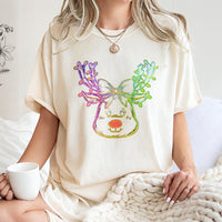 Coquette Bow Holiday T-Shirt, Neon Reindeer Christmas T-Shirt, Retro Adorable Deer Graphic Tee, Festive Girly Winter Top, Xmas Reindeer T-Shirt