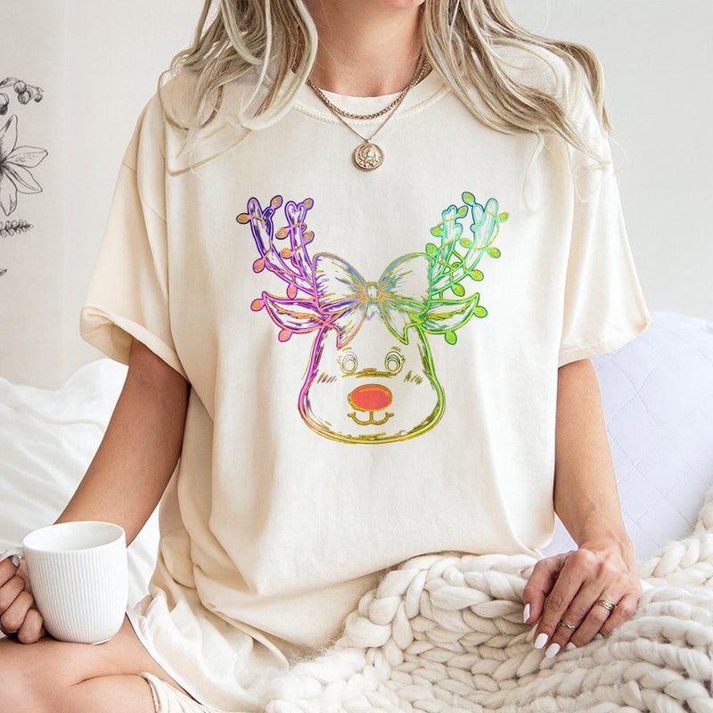 Coquette Bow Holiday T-Shirt, Neon Reindeer Christmas T-Shirt, Retro Adorable Deer Graphic Tee, Festive Girly Winter Top, Xmas Reindeer T-Shirt