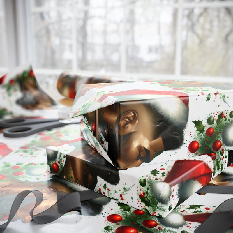 Christmas Holly Gift Wrap, Black Santa Wrapping Paper, Vintage African American Santa Wrapping Paper, Holiday Gift Wrapping Paper for Family