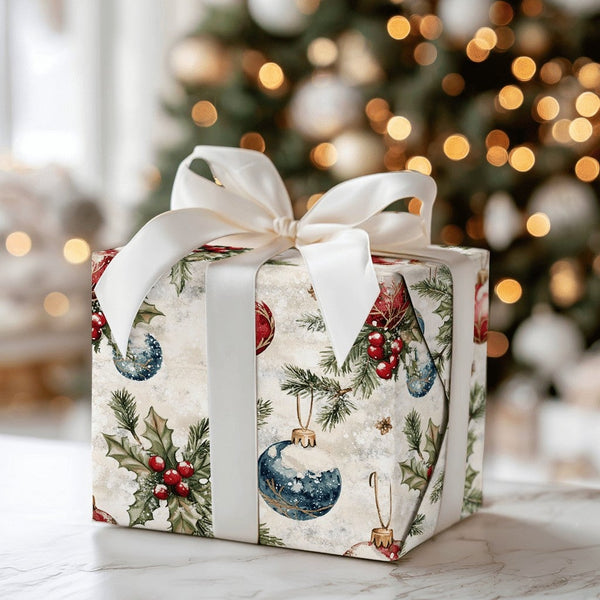 Watercolor Holly Gift Wrap, Vintage Baubles Christmas Wrapping Paper, Holiday Pine Branch Wrapping Paper, Retro Winter Presen