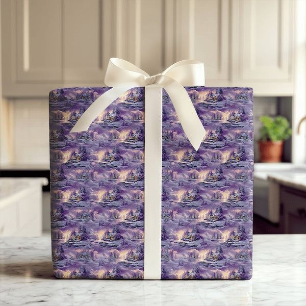 Purple Snowy Forest Gift Wrap, Winter Cabin Wrapping Paper, Comfy Cabin Christmas Wrapping Paper, Holiday Gift Wrap Roll, Win