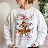 Humorous Rooster Chicken Holiday Sweater, F-Caw-F Ugly Christmas Sweatshirt, Sarcastic Poultry Farmer Xmas Pullover, Joke Present