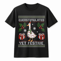 Humorous Goose Christmas Shirt, Overstimulated Yet Festive Goose T-Shirt, Ugly Sweater Goose Graphic Tee, Relatable Holiday T-Shirt Present
