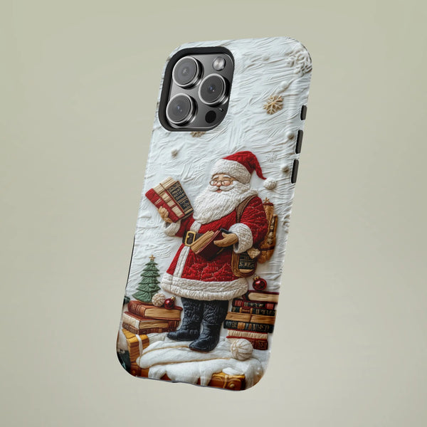 3D Textured Santa with Books Case, Santa Claus Phone Case for iPhone, Bookish Xmas Holiday Phone Cover, Christmas Present for