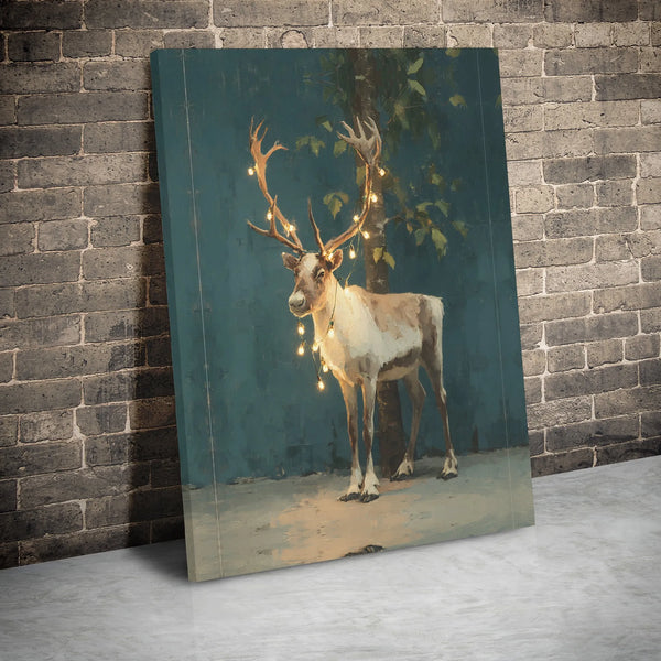 Whimsical Winter Forest Canvas Print, Christmas Reindeer with Fairy Lights Canvas Wall Art, Festive Holiday Wall Decor, Xmas 