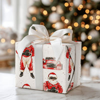 Red Race Car Driver Gift Wrap, Racing Santa Christmas Wrapping Paper, Motorsport Holiday Wrapping Paper, Car Lover Xmas Gift Wrap Roll