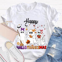 Adorable Three Ghosts Holiday Tee, Happy Hallothankmas T-Shirt, Halloween Thanksgiving Christmas Shirt, Humorous Ghost Graphic T-Shirt