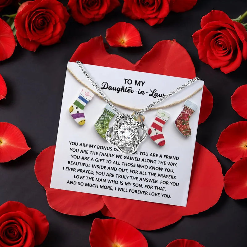 CZ Crystal Love Knot Necklace, Daughter-in-Law Love Knot Necklace, Rose Gift Box Pendant Necklace, Meaningful Christmas Present for Her