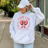 Festive Red Bow Christmas Hooded Sweatshirt, Candy Cane Christmas Club Hoodie, Comfy Holiday Graphic Sweater, Xmas Present for Her