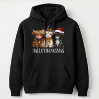 Adorable Highland Cow Sweatshirt, Highland Cow Hallothanksmas Hoodie, Fall Thanksgiving Christmas Hoodie, Humorous Farm Animal Hooded Pullover