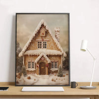 Vintage Christmas Holiday Poster, Gingerbread House Wall Art, Watercolor Winter Village Art Print, Comfy Xmas Home Decor Present