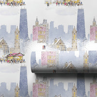 Snowy Skyline Watercolor Gift Wrap, Chicago Christmas Market Wrapping Paper, Festive Holiday Cityscape Present Wrap, Winter Gift Wrap Roll