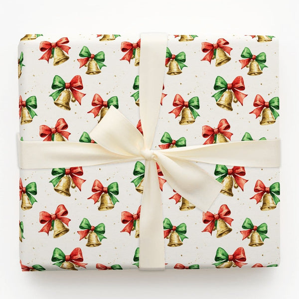 Jingle Bells Holiday Gift Wrap, Watercolor Christmas Bells Wrapping Paper, Festive Red Bow Wrapping Paper, Vintage Xmas Gift 