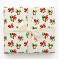 Jingle Bells Holiday Gift Wrap, Watercolor Christmas Bells Wrapping Paper, Festive Red Bow Wrapping Paper, Vintage Xmas Gift Wrapping Paper