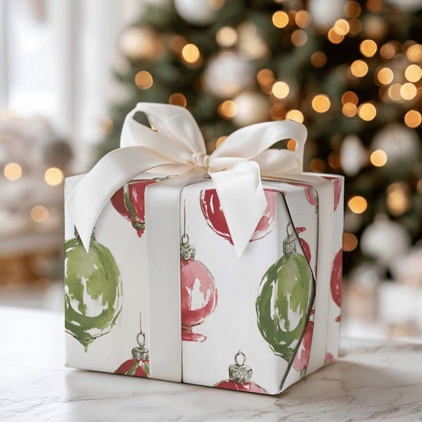 Red and Green Baubles Gift Wrap, Watercolor Christmas Ornament Wrapping Paper, Holiday Ornament Wrapping Paper, Festive Prese