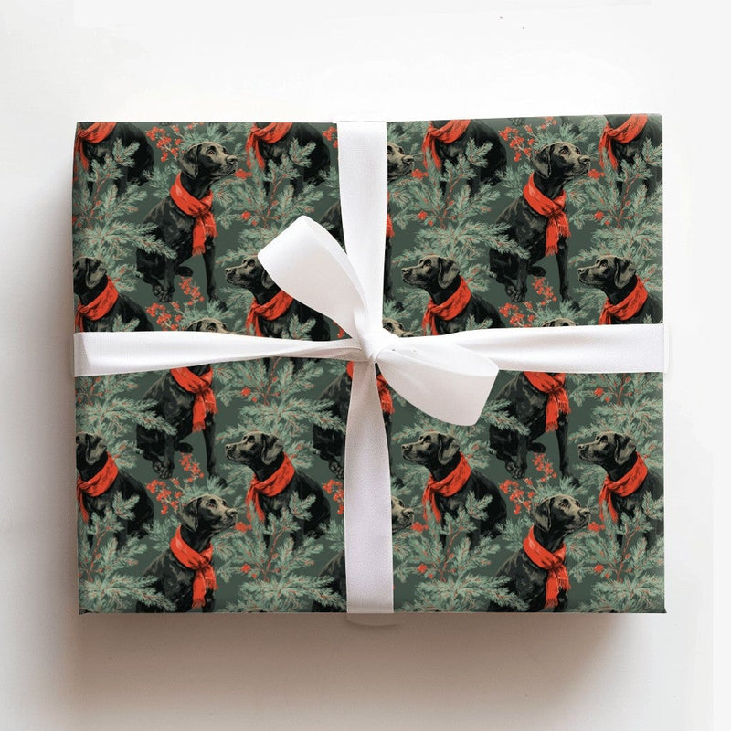 Red Scarf Dog Gift Wrap, Black Labrador Wrapping Paper, Christmas Lab Wrapping Paper, Winter Pine Pet Gift Wrap, Dog Lover Holiday Paper