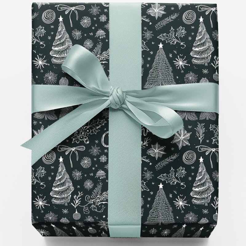 Hand-Drawn Tree Holiday Gift Wrap, Black and White Christmas Wrapping Paper, Modern Winter Wrapping Paper, Minimalist Xmas Gift Wrap Roll