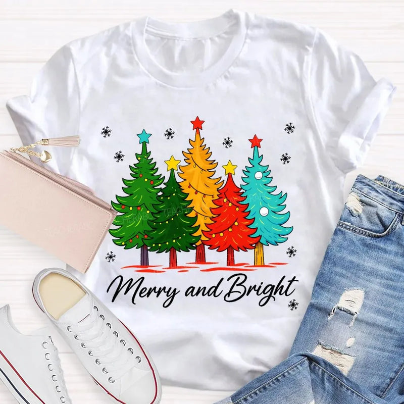Colorful Holiday Graphic Tee, Merry and Bright Christmas Tree T-Shirt, Festive Xmas Tree Shirt, Retro Christmas Tee, Holiday Season Present