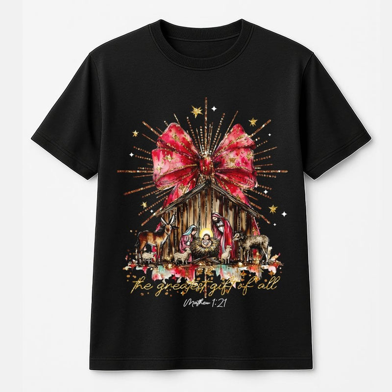 Christian Christmas Faith Shirt, The Greatest Present of All Nativity Scene T-Shirt, Religious Holy Night Graphic Tee, Jesus Xmas T-Shirt