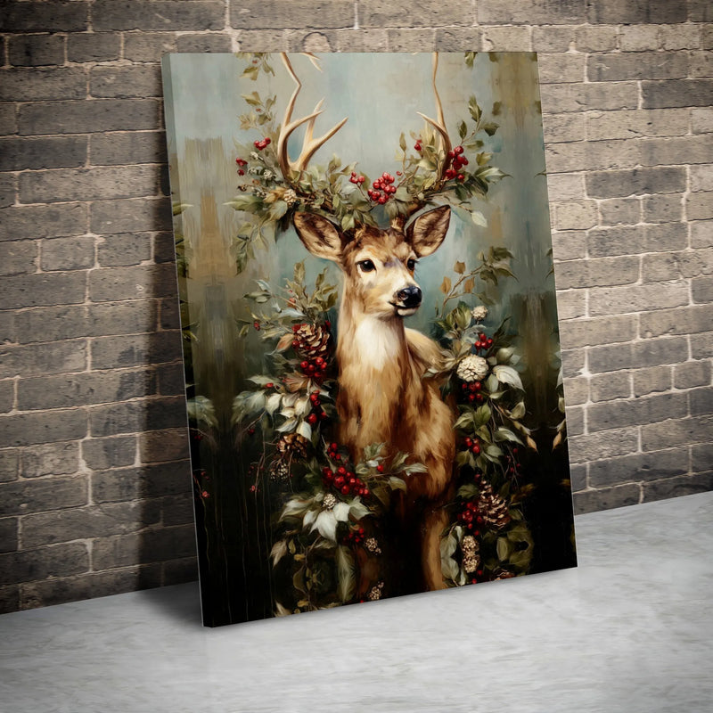 Winter Floral Deer Wall Art, Christmas Deer Canvas Print, Pine Cone Deer Canvas Art, Holiday Wildlife Wall Decor, Rustic Deer Wall Print