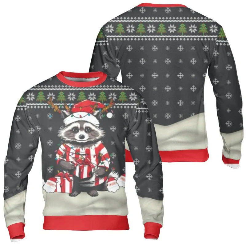 Festive Reindeer Antlers Sweater, Christmas Raccoon Sweatshirt, Humorous Trash Panda Xmas Lights Crewneck, Holiday Animal Pullover