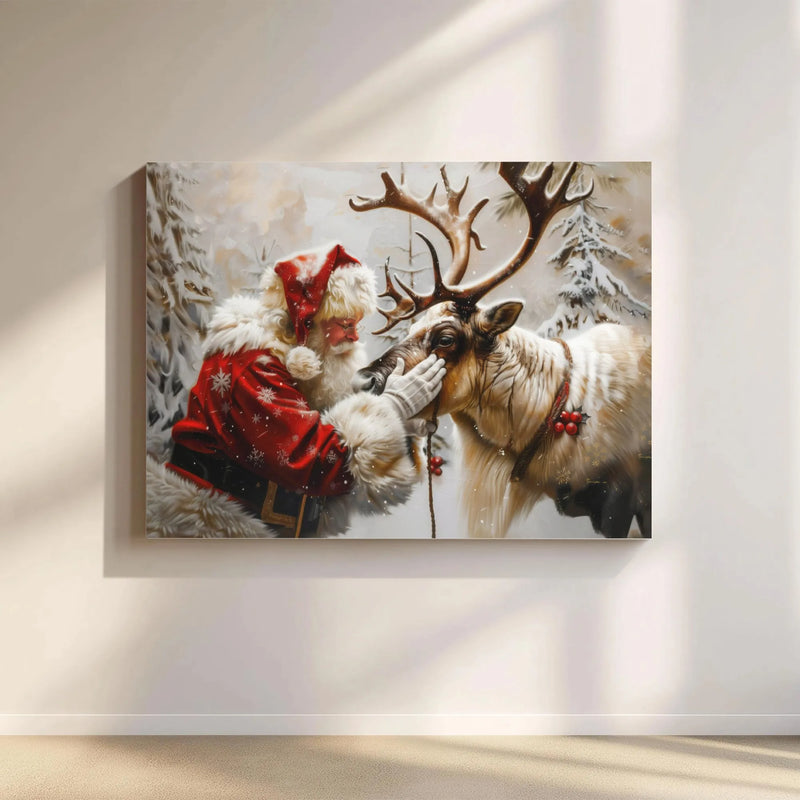 Snowy Forest Christmas Canvas Print, Santa Claus Reindeer Canvas Wall Art, Holiday Santa Canvas Art, Vintage Winter Wall Decor Present