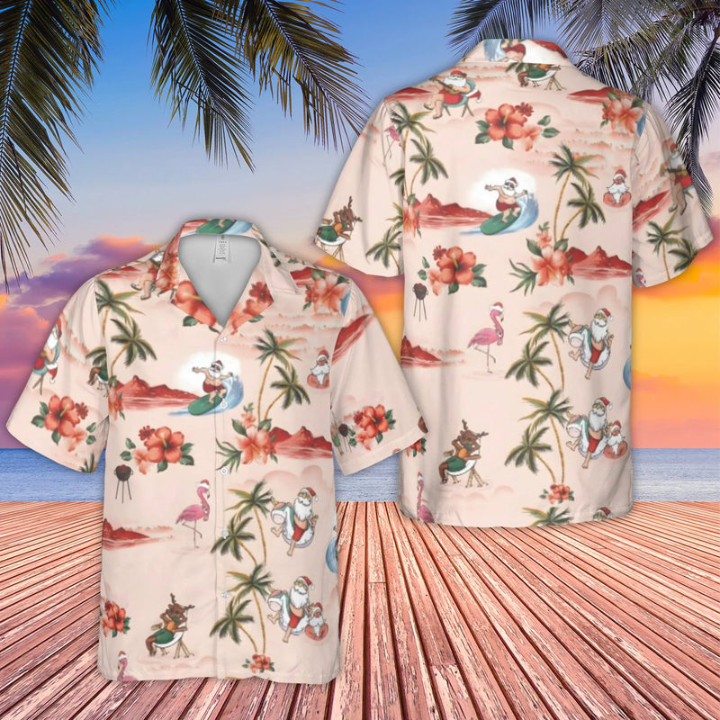 Humorous Tropical Holiday Aloha Shirt, Surfing Santa Christmas Hawaiian Shirt, Beach Santa Button Down Shirt, Xmas Vacation Present for Men