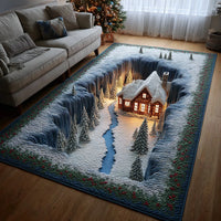 Snowy Landscape Christmas Floor Rug, Winter Village Mountain Cabin Area Rug, Comfy Holiday Village Carpet, Rustic Home Decor Present